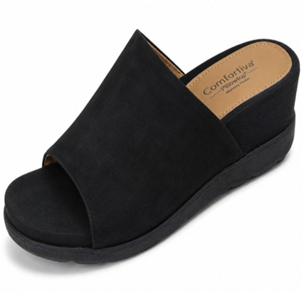 Comfortiva Wedge Slide Sandals Memory Foam Open Toe Leather Black Women 9.5M NWT